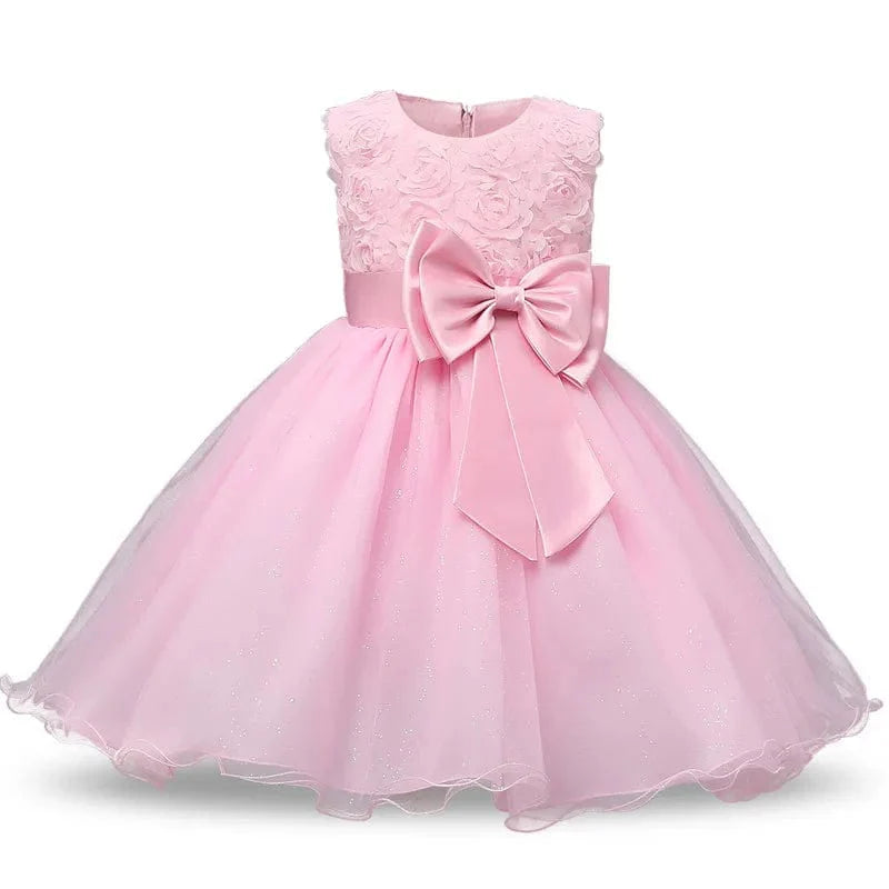 Ai Meng baby girl christening gown with flower bow, perfect for baptism or first birthday, featuring delicate infant baptism dress.