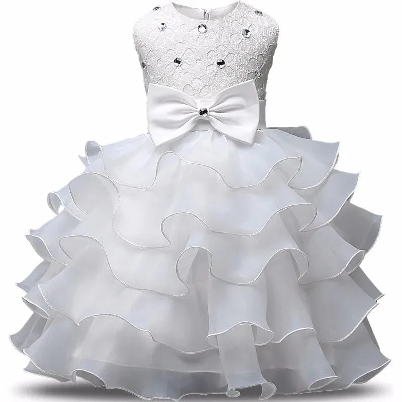 Ai Meng baby girl christening gown with flower bow, perfect for baptism, baptism party, or first birthday dress for infants and toddlers