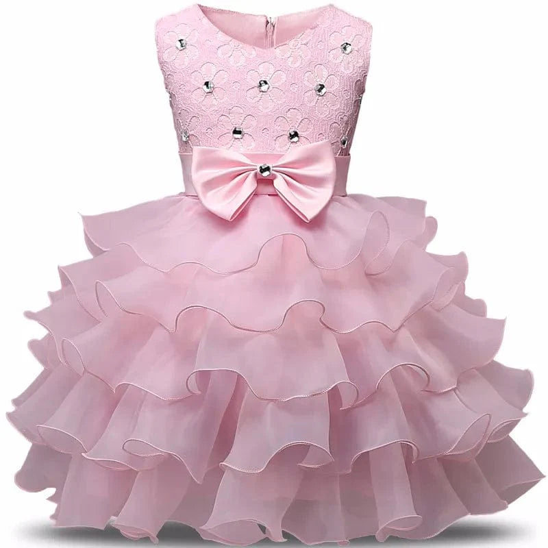 Ai Meng baby girl christening gown with flower bow, perfect for baptism, first birthday, and special occasions.