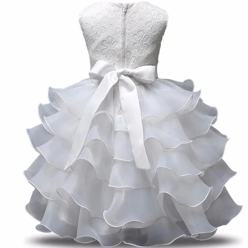 Ai Meng baby girl christening gown with flower bow, perfect for baptism or first birthday, infant baptism dress for girls.