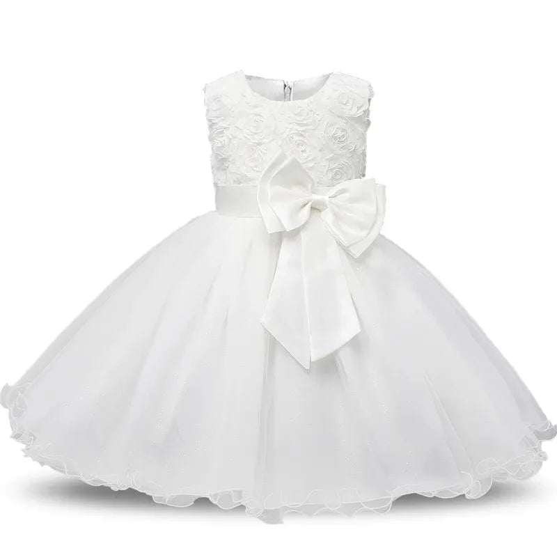 Ai Meng baby girl christening gown with flower bow, perfect for baptism or first birthday party, infant baptism dress for girls.