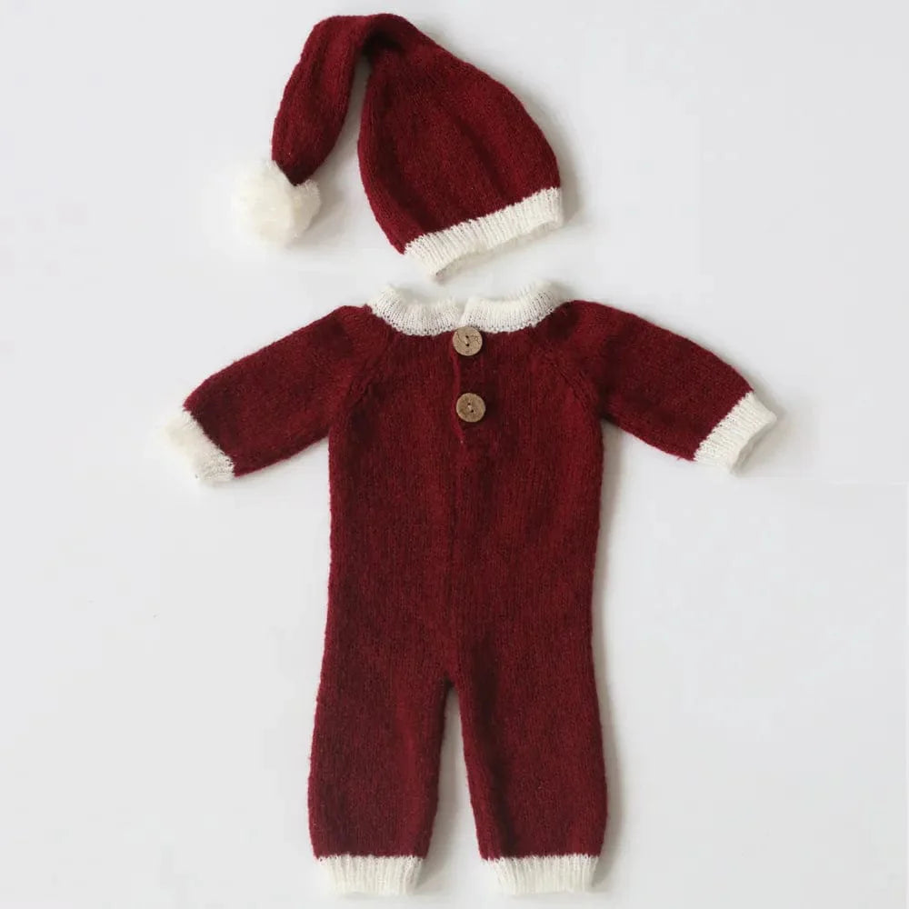 Showlu newborn mohair Christmas hat and jumpsuit set, soft infant photo props perfect for holiday photography and Santa-themed outfits.