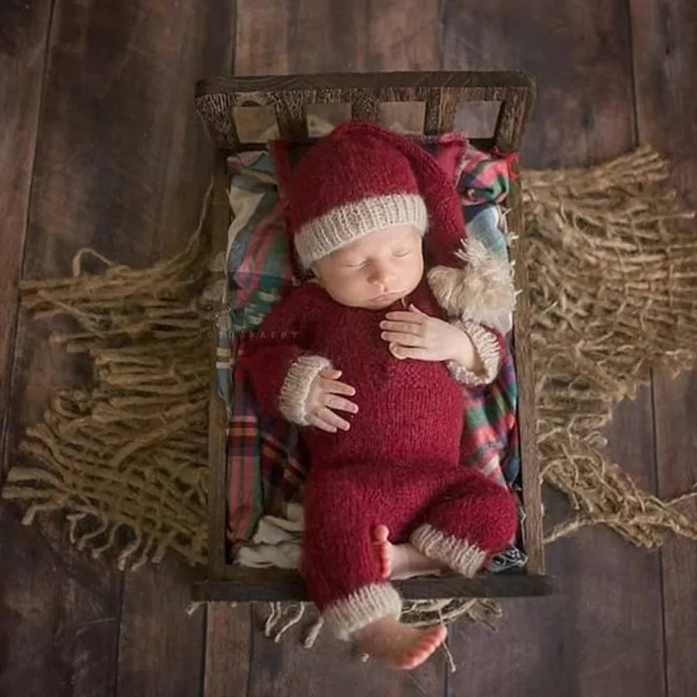 Showlu newborn Mohair Christmas hat and jumpsuit set for infant photos, festive Santa costume, cozy holiday photo props.