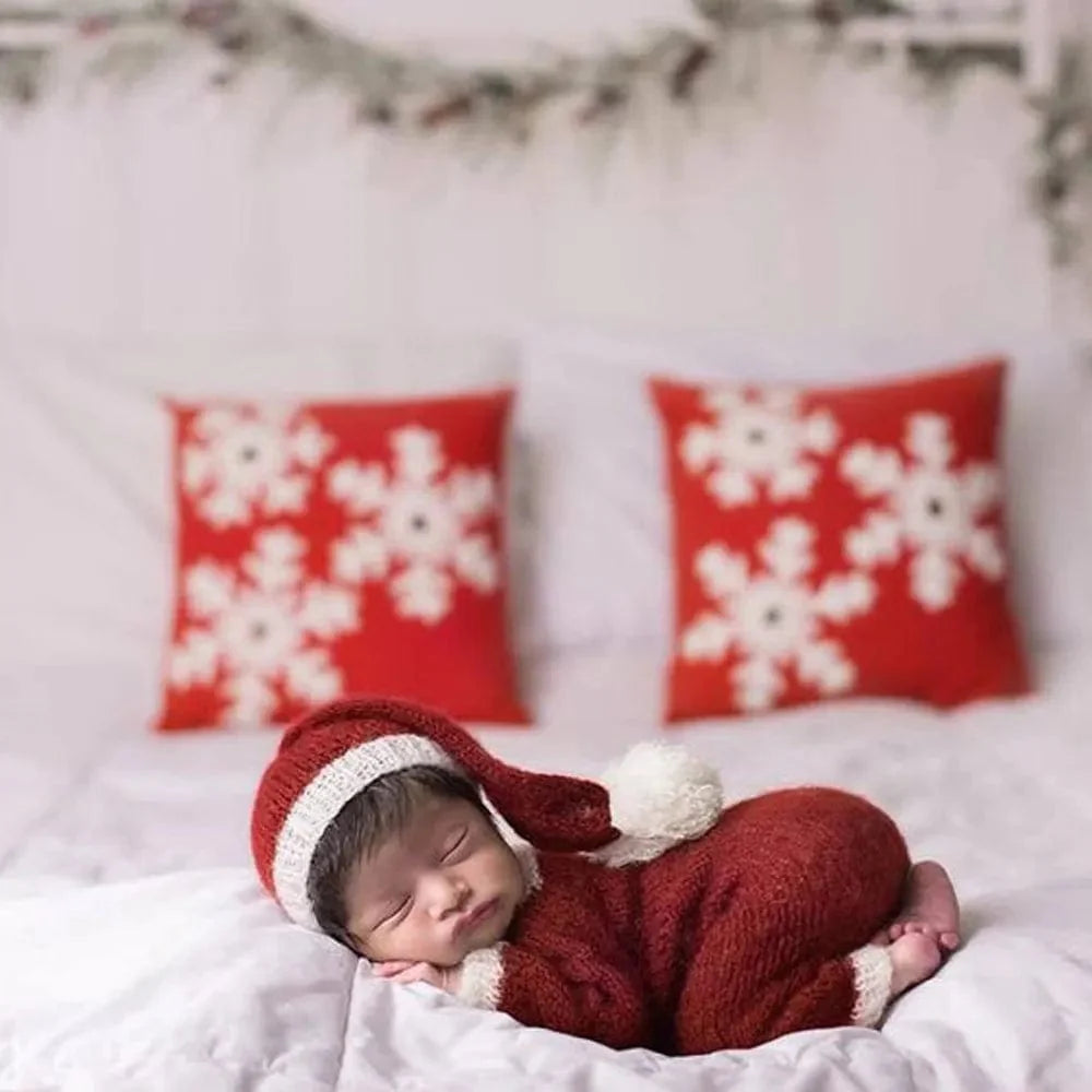 Showlu newborn mohair Christmas hat and jumpsuit set, infant photo props for holiday photography, Santa costume outfit.