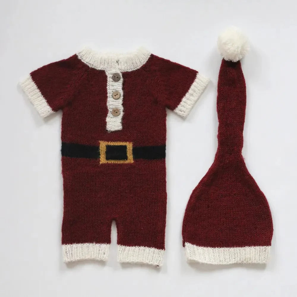 Showlu newborn mohair Christmas hat and jumpsuit set for infant photos, featuring festive Santa-inspired costume and cozy accessories.