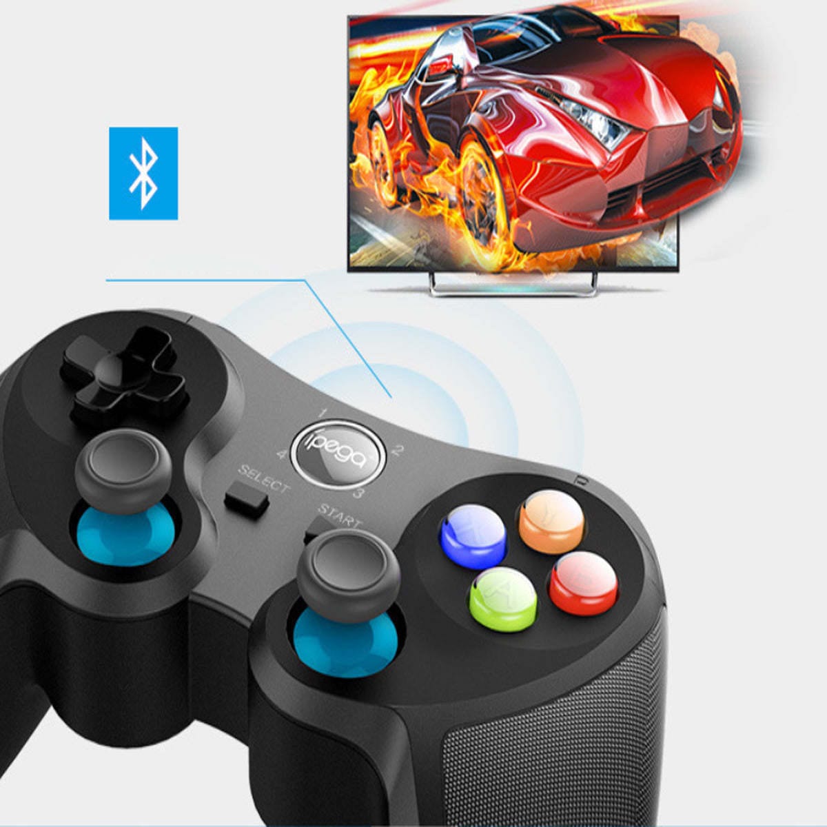 Doba wireless Bluetooth game controller with ergonomic design for iOS and Android devices, featuring dual joysticks and colorful button layout.