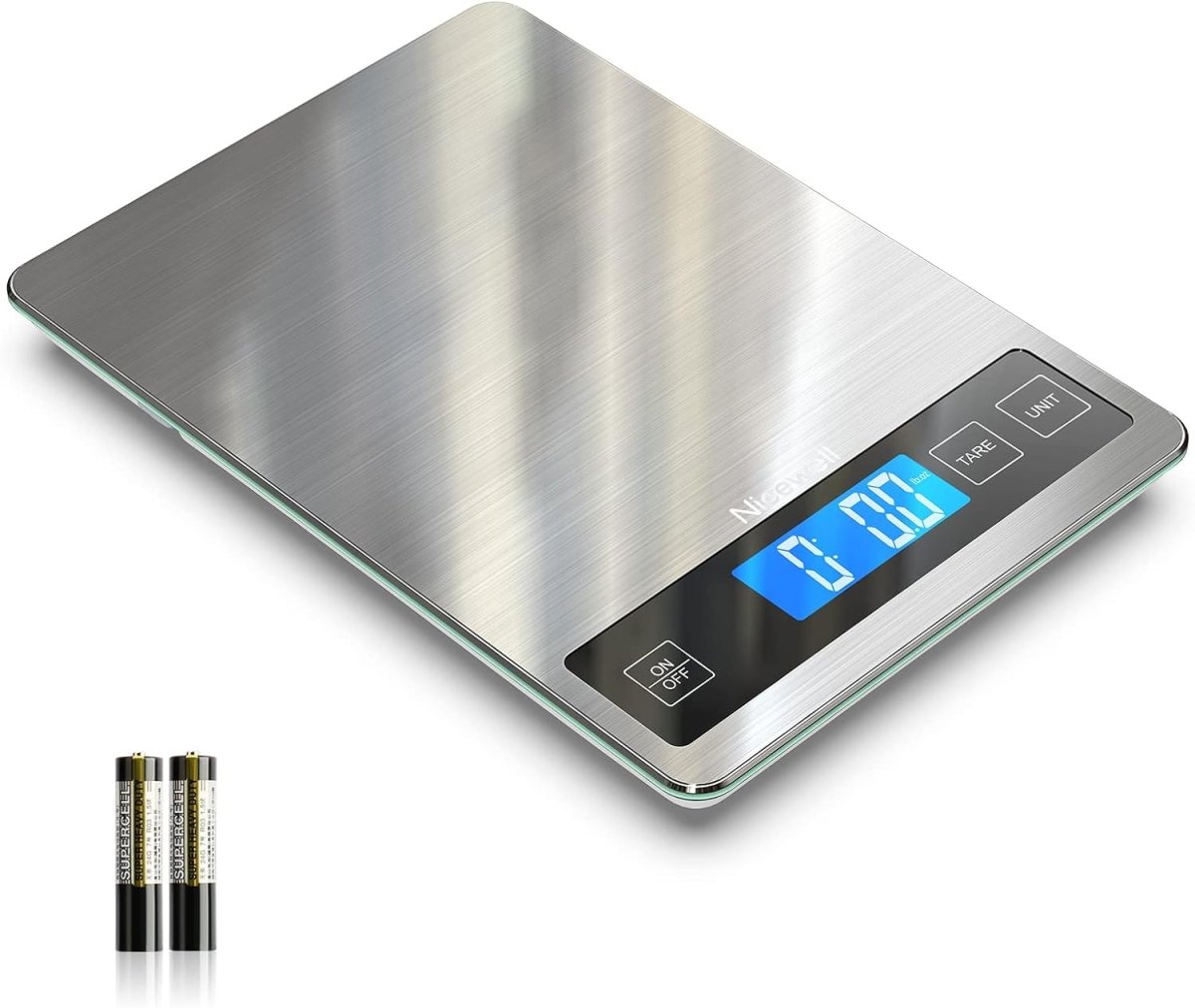 Nicewell digital kitchen food scale with stainless steel and tempered glass surface, weighing up to 22 lbs in grams and ounces.