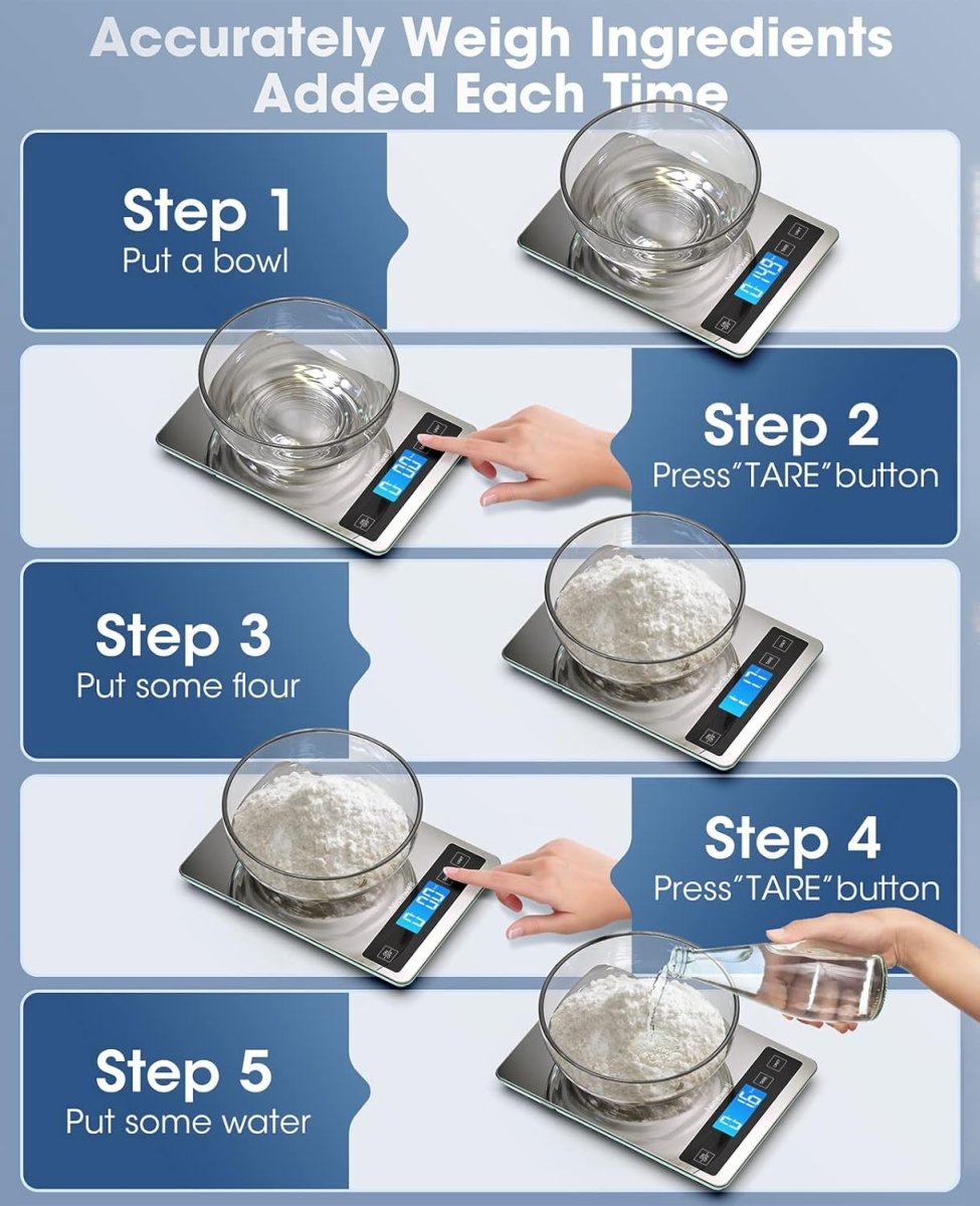 Nicewell digital kitchen food scale with stainless steel and glass platform, showing weight measurements in grams and ounces.