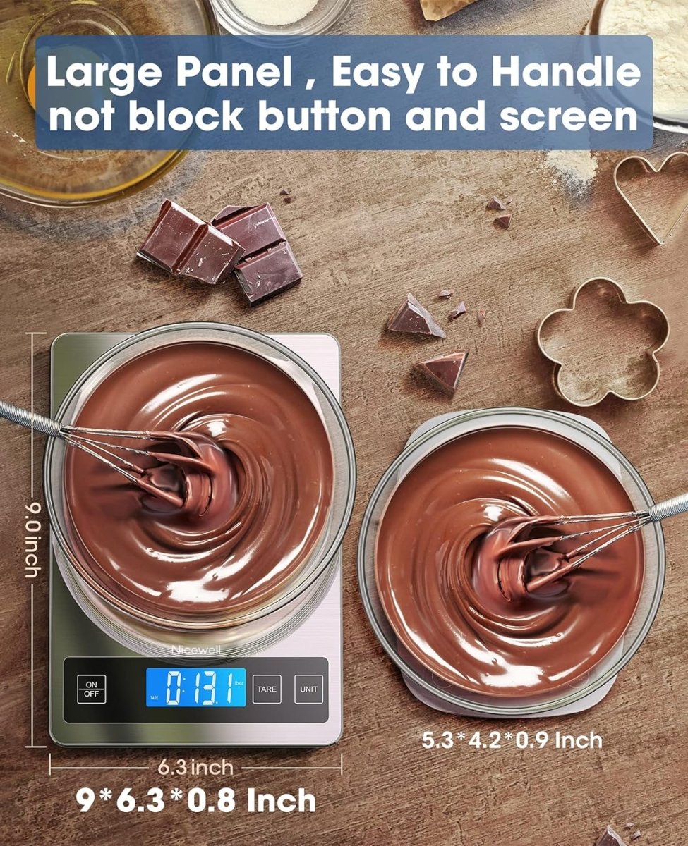 Nicewell digital kitchen food scale with stainless steel and tempered glass surface, showing weight measurements in grams and ounces.