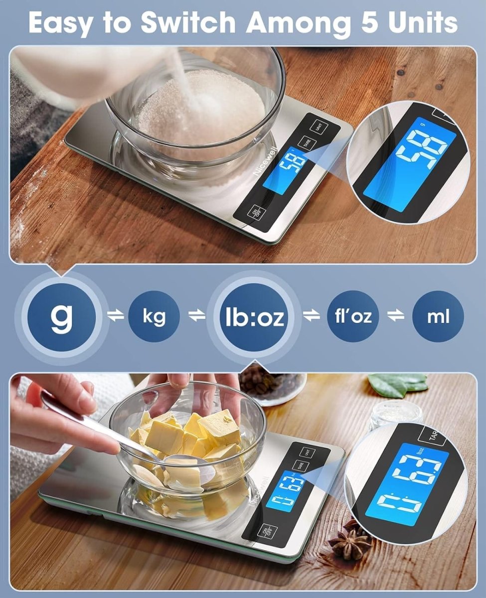 Nicewell digital kitchen food scale with stainless steel and glass platform, showing weight measurements in grams and ounces.