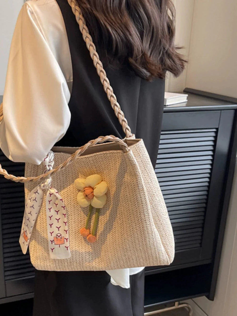 Large woven straw bucket bag by Showlu Fashion with shoulder strap, perfect for summer and vacation outings.