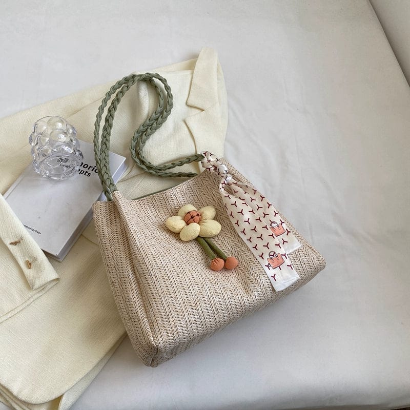 Large woven straw bucket bag by Showlu Fashion Store, spacious summer shoulder tote with a stylish, natural straw design.