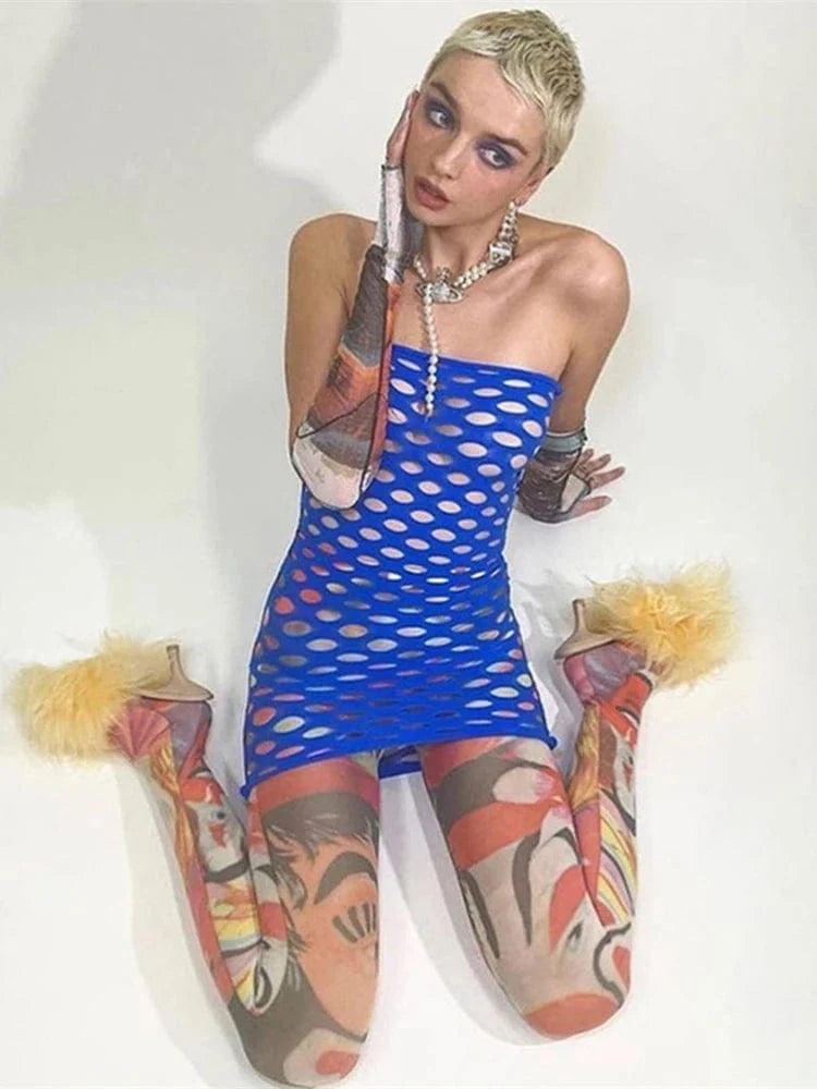 SHOWLU FASHION WOMEN'S Fishnet Mini Bodycon Dress, strapless lingerie with sexy, tight fishnet design perfect for night club wear