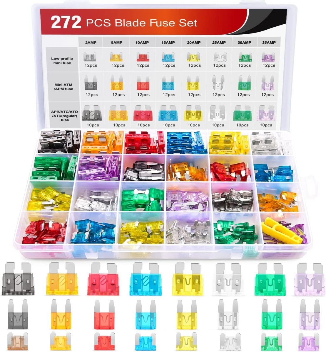 Nilight - 50019R 272pcs Standard & Mini & Low Profile Mini Blade Fuse Assortment, 2A 5A 10A 15A 20A 25A 30A 35A Replacement Fuses for Car Boat Truck SUV Automotive - SHOWLU FASHION STORE