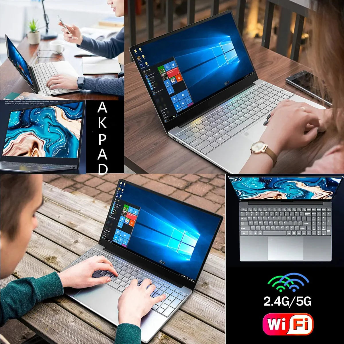 Showlu Fashion Store AKPAD 15.6-inch Windows 11 Pro laptop with Intel J4125, 12GB RAM, 1TB SSD, HDMI port in a sleek design.