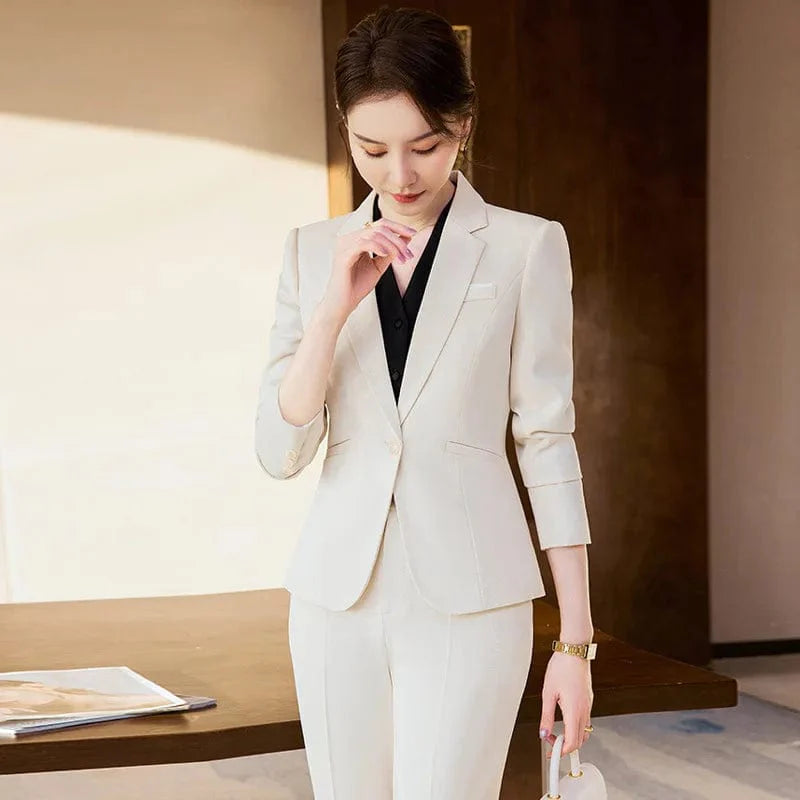 Wine red women's slim fit skirt suit with blazer and coat, ideal for professional office wear and business attire.