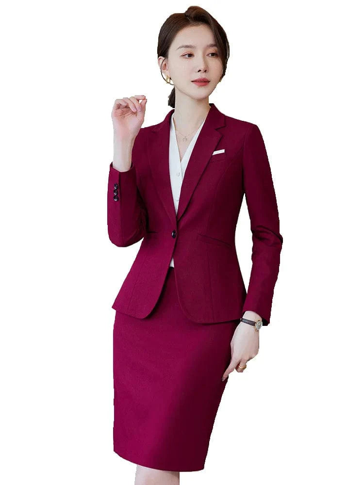 Wine red women's slim fit skirt suit with blazer and coat, professional office attire for women by Showlu Fashion Store.