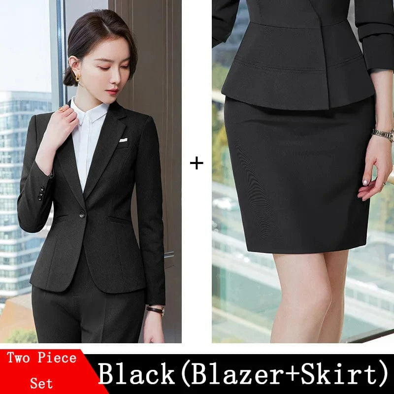 Wine red women's slim fit skirt suit with blazer and coat, professional office attire for women in a formal business style.