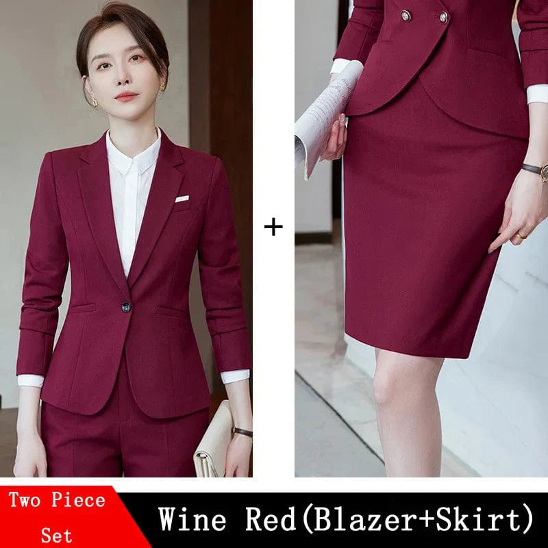 Wine red women's slim fit skirt suit with blazer and coat, professional office attire for women by Showlu Fashion Store.