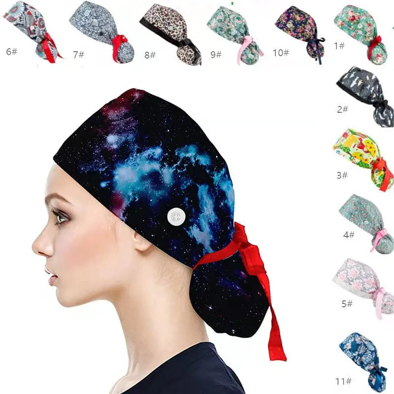 Showlu Nurse Scrub Hat with buttons, 100% cotton elastic surgical cap for healthcare professionals.