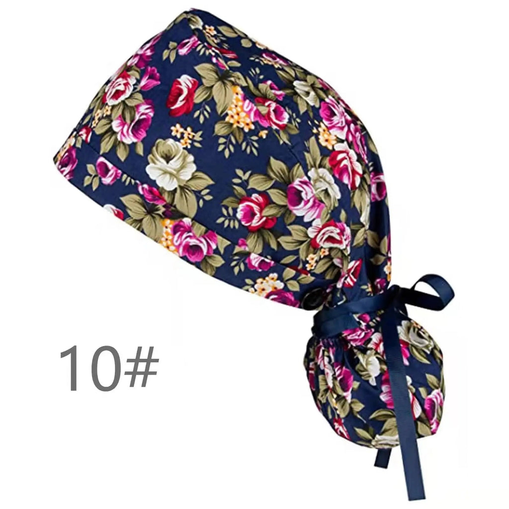 Showlu Nurse Scrub Hat with buttons, 100% cotton elastic surgical cap, designed for healthcare professionals.