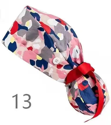 Showlu Nurse Scrub Hat with buttons, 100% cotton elastic surgical cap designed for healthcare professionals.