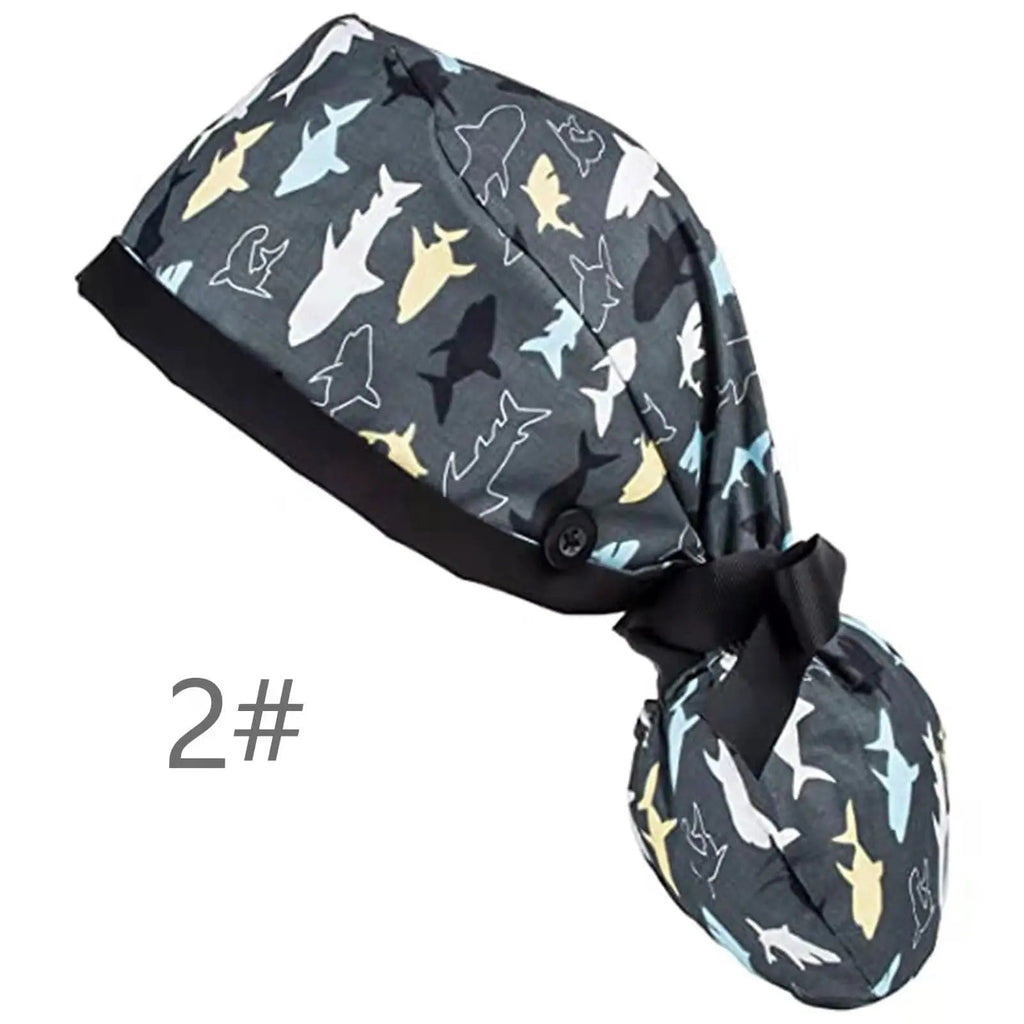 Showlu Nurse Scrub Hat with Buttons, 100% cotton elastic surgical cap, designed for comfortable fit and professional medical wear.