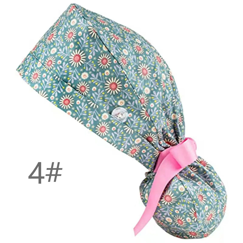 Showlu Nurse Scrub Hat with buttons, elastic cotton surgical cap worn by healthcare professionals in medical settings.