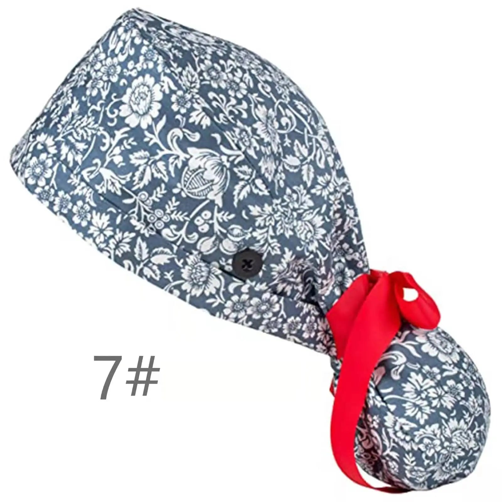 Showlu Nurse Scrub Hat with Buttons, 100% cotton elastic surgical cap worn by a nurse in medical attire.