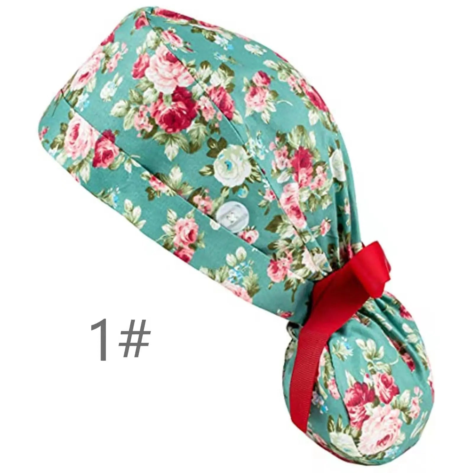 Showlu Nurse Scrub Hat with Buttons, 100% cotton elastic surgical cap, designed for healthcare professionals.