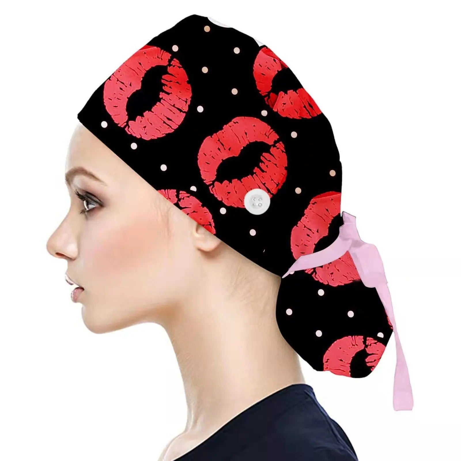 Showlu Nurse Scrub Hat with Buttons, 100% cotton elastic surgical cap for healthcare professionals.