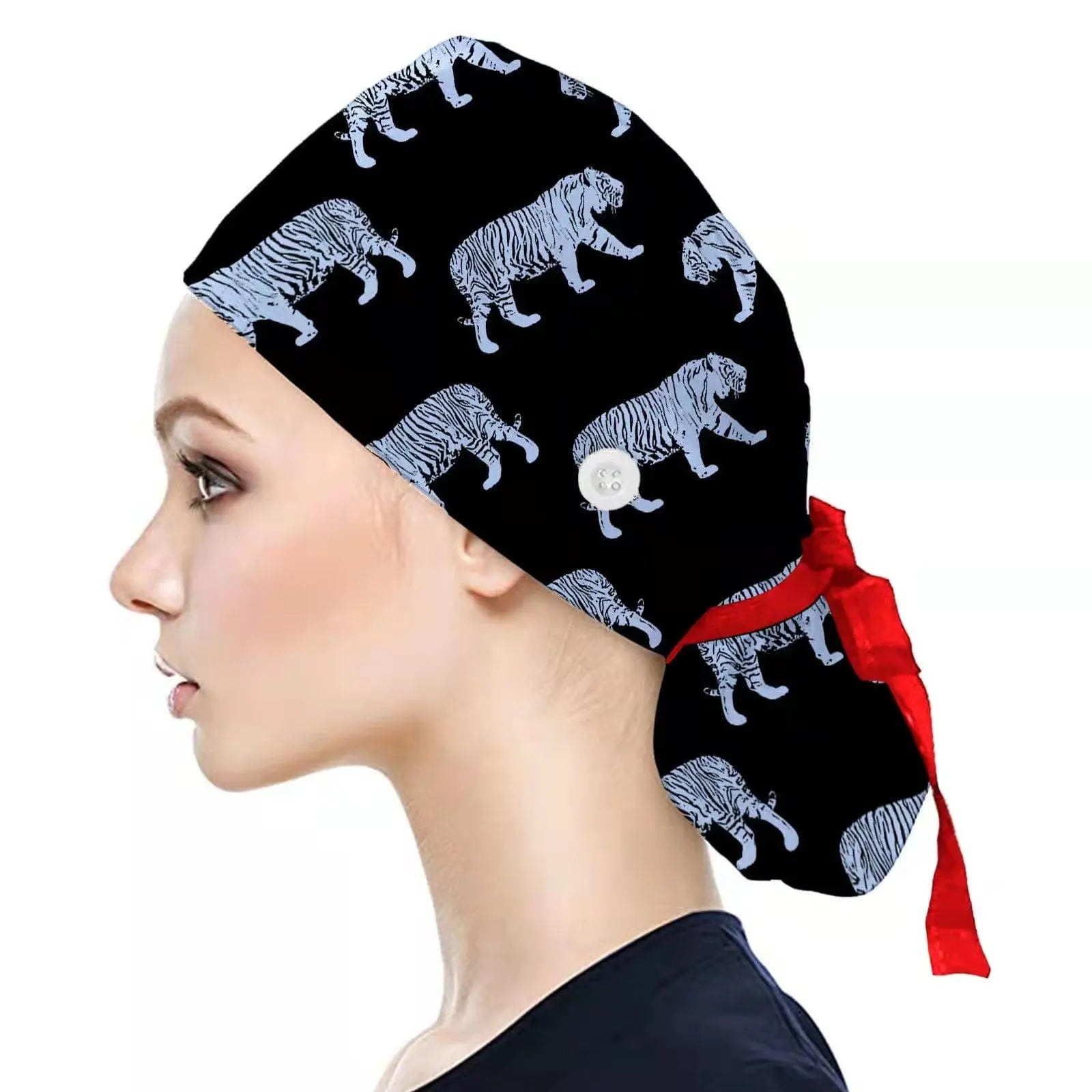 Showlu Nurse Scrub Hat with Buttons, 100% cotton elastic surgical cap worn by healthcare professionals in medical settings.