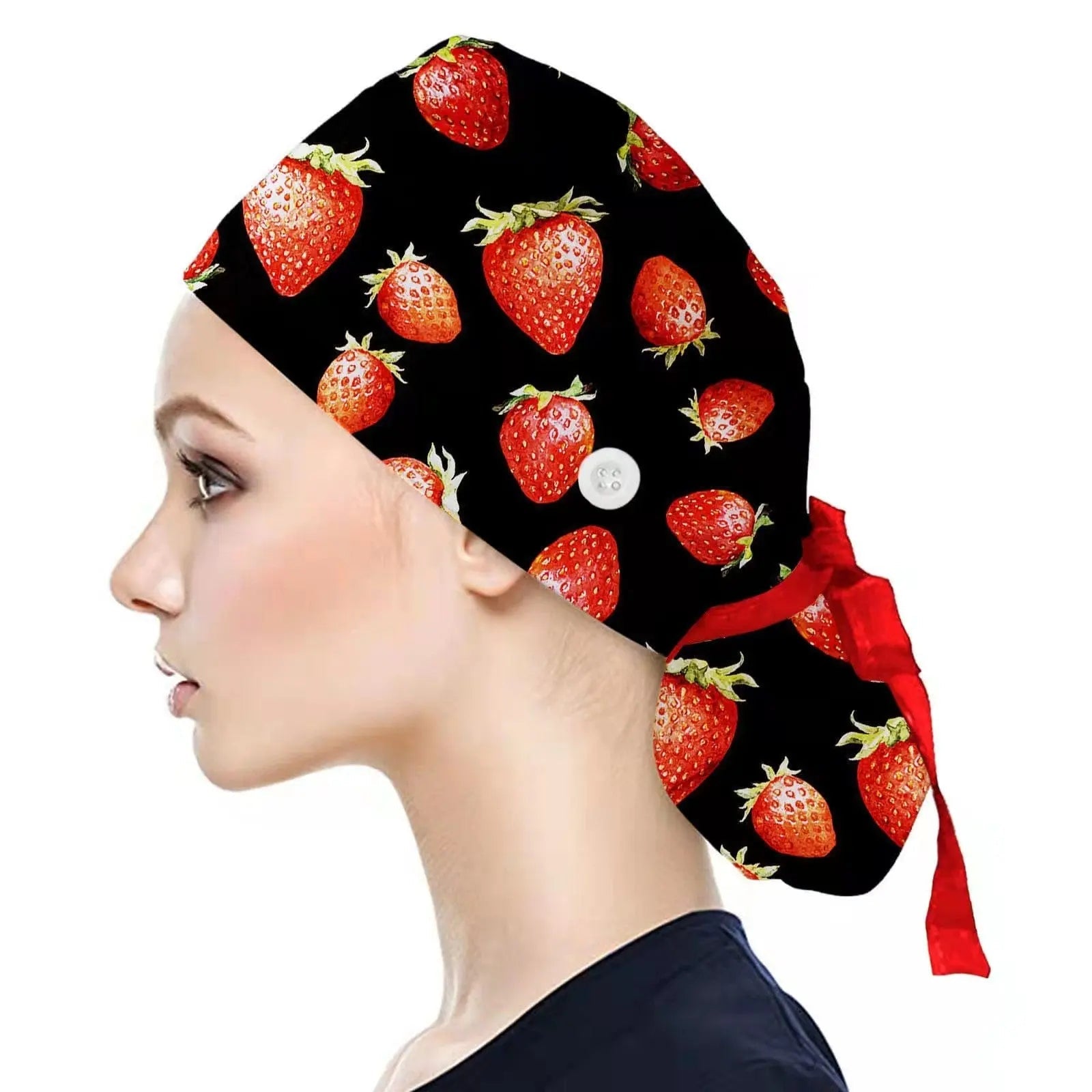 Showlu Nurse Scrub Hat with Buttons, 100% cotton elastic surgical cap, designed for healthcare professionals with a comfortable fit.