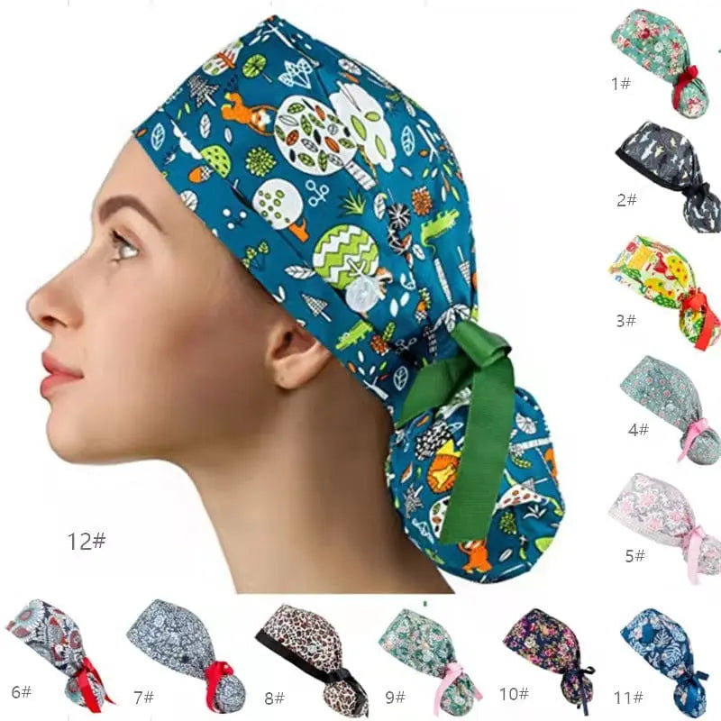 Showlu Nurse Scrub Hat with buttons, 100% cotton elastic surgical cap for healthcare professionals, featuring a comfortable fit.