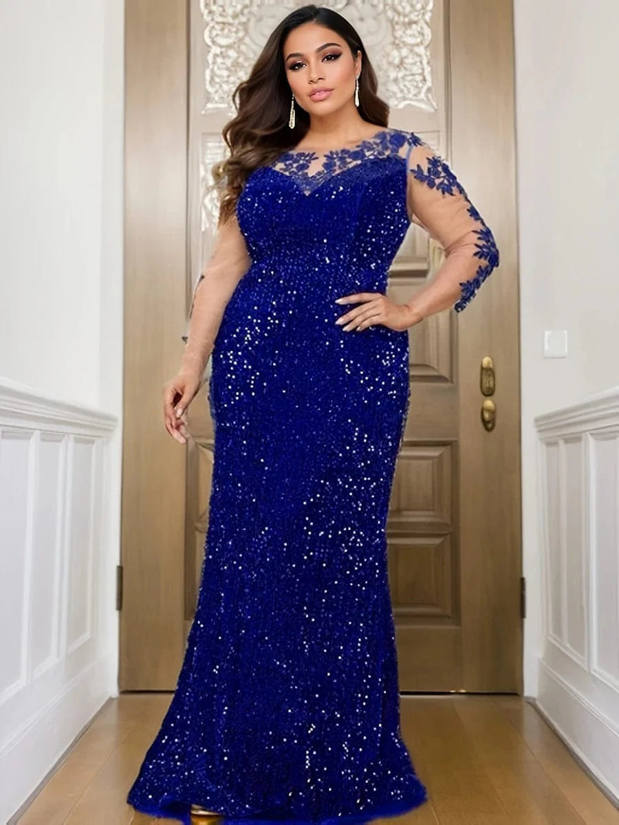 Backless floral sequined velvet evening dress with lace details, long o-neck design, from SHOWLU FASHION STORE. Floor-length prom gown.