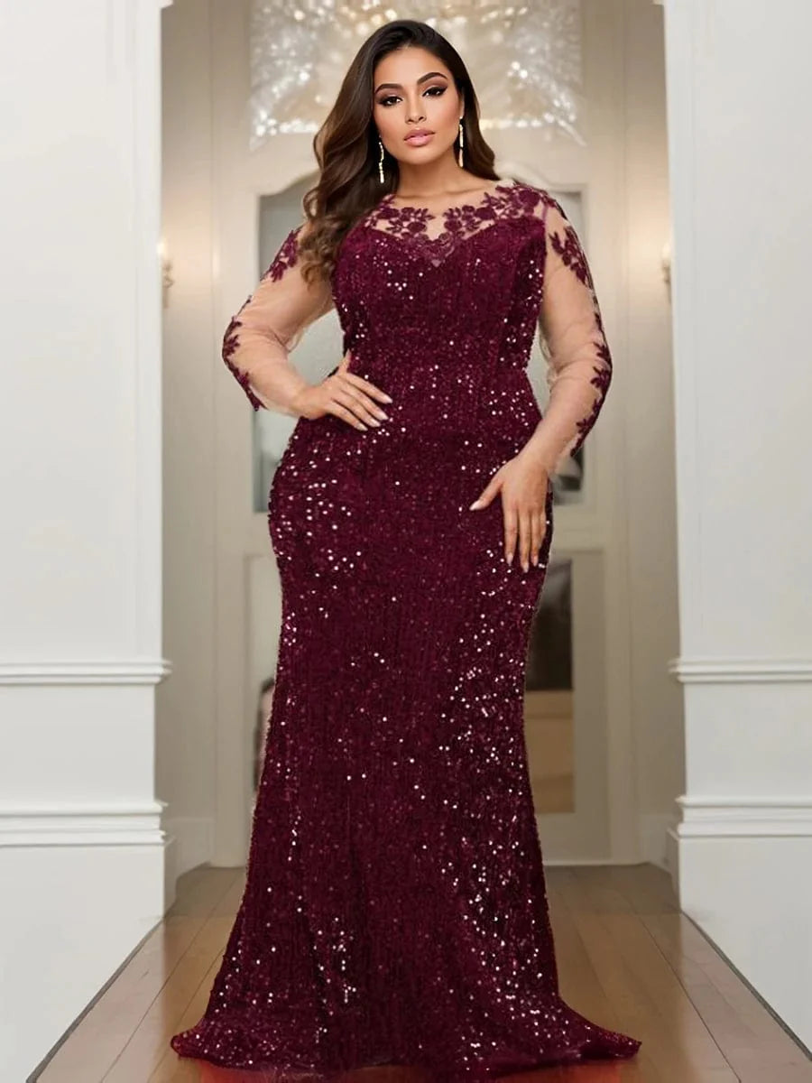 Long backless velvet lace evening dress with floral sequins, o-neck design, curve-fitting silhouette, floor-length prom gown.