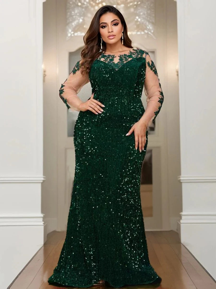 Backless floral sequined velvet lace evening gown with long sleeves, o-neck, and floor-length design for prom or formal events.