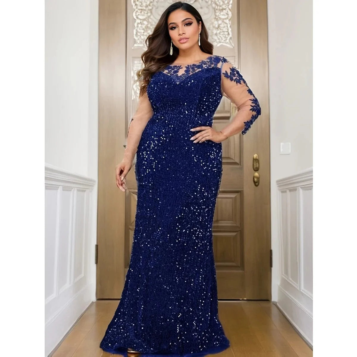 Backless velvet lace evening dress with floral sequins, o-neck design, long length, perfect for prom or formal occasions.