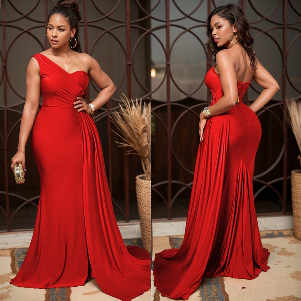 SHOWLU FASHION women's slim fit oblique shoulder long sleeve bodycon dress with a floor-length skirt in a solid color.