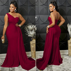 Oblique Shoulder Slim Fit Floor Skirt Pure Color Slim - Fit Oblique Shoulder Mop Dress - SHOWLU FASHION STORE