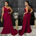 SHOWLU FASHION women's slim fit oblique shoulder long sleeve bodycon dress with a floor-length silhouette in a solid color.