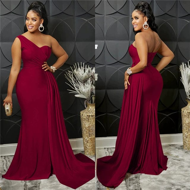 SHOWLU FASHION women's slim fit oblique shoulder long sleeve bodycon dress with a floor-length silhouette in a solid color.