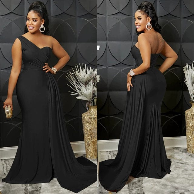 SHOWLU FASHION women's slim fit oblique shoulder long sleeve bodycon dress with a floor-length skirt in a solid color.