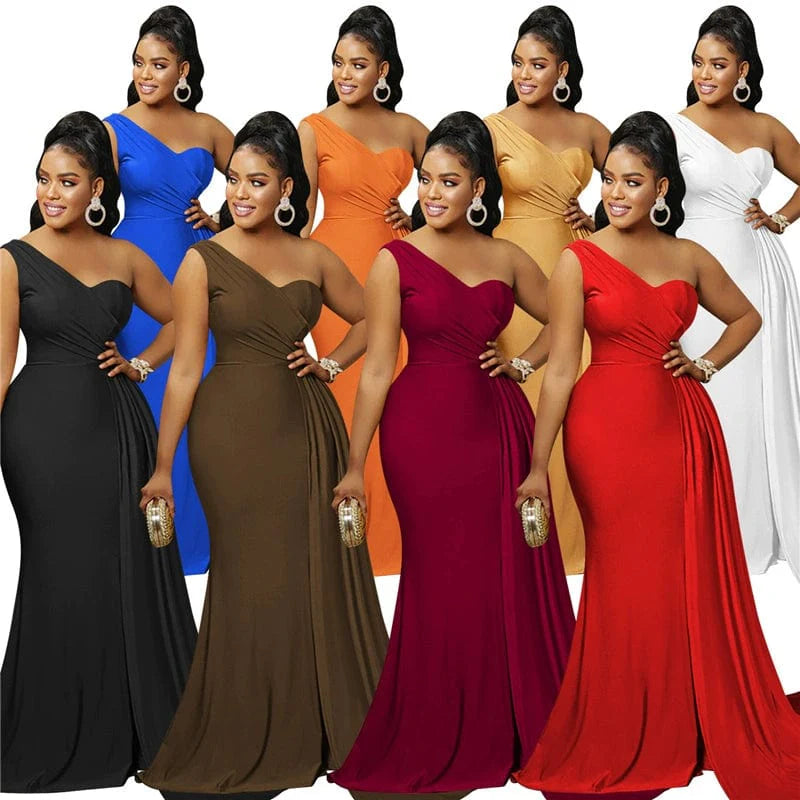 SHOWLU FASHION women's slim fit long sleeve oblique shoulder bodycon dress with a floor-length skirt, in a solid color.