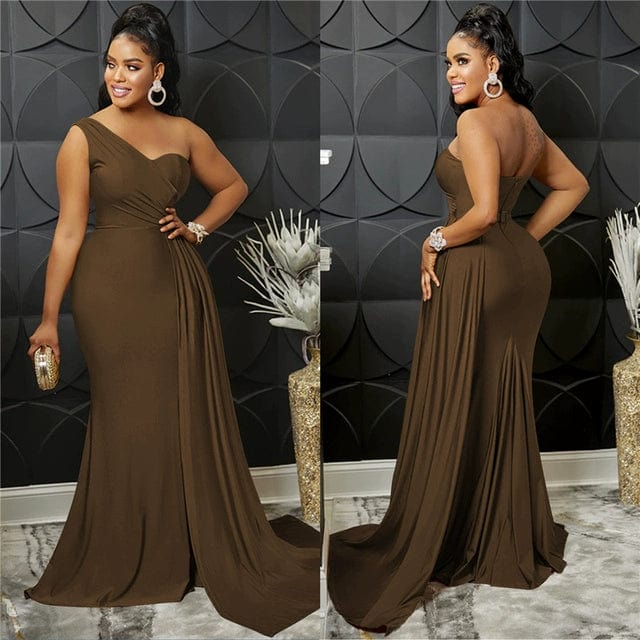 SHOWLU FASHION Women's slim fit oblique shoulder long sleeve bodycon dress with a floor-length skirt and pure color design.