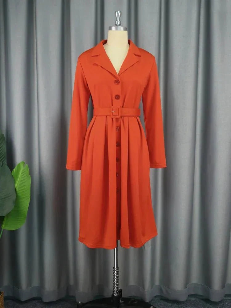 SHOWLU Women's long sleeve A-line midi office dress with waist belt, featuring a button-down notched lapel for elegant workwear.