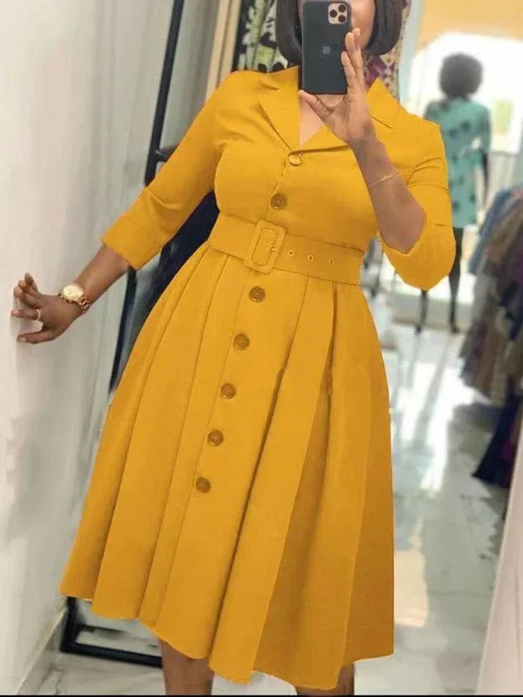 SHOWLU Women's long sleeve A-line midi office dress with waist belt, featuring button-down front and notched lapel, suitable for work or church.