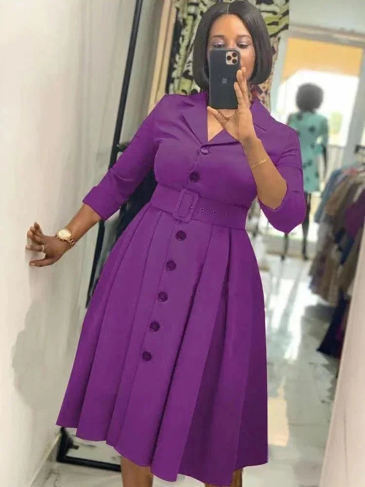 SHOWLU Women's long sleeve A-line midi office dress with waist belt, featuring button-down front, notched lapel, suitable for work and business.