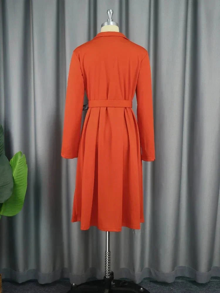 SHOWLU Women's long sleeve A-line midi office dress with waist belt, featuring notched lapel and button-down design for professional wear.