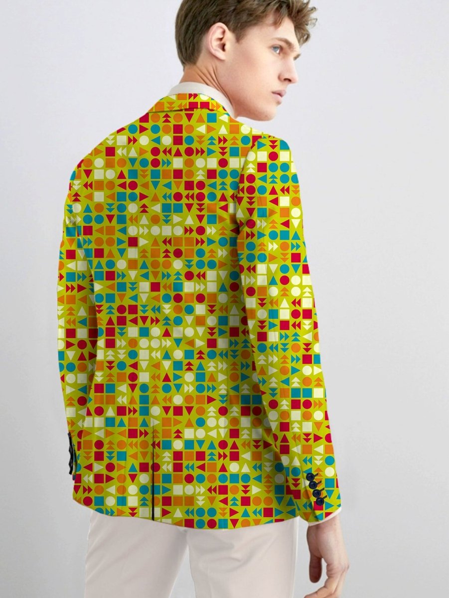 Men's SHOWLU FASHION slim fit blazer with vibrant geometric print, lightweight polyester, stylish casual office jacket with buttoned lapels.